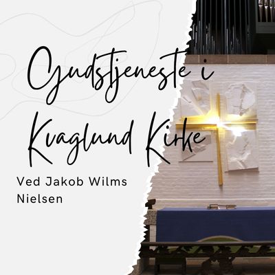 Billedet viser Kvaglund kirkes Kors som lyser op. På billedet står ``Gudstjeneste i Kvaglund Kirke, Ved Jakob Wilms Nielsen.`` Billedet indeholder et link som omdirigerer til begivenheden.