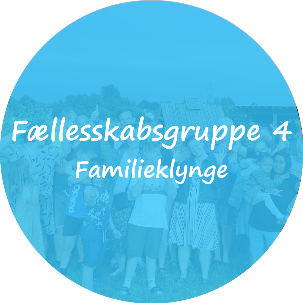 Billedet viser 5 familier stille op til billede. Billedet har et lys blå filter og på billedet står "Fællesskabsgruppe 4 - Familieklynge". Billedet indeholder et link som scroller ned til beskrivelsen.